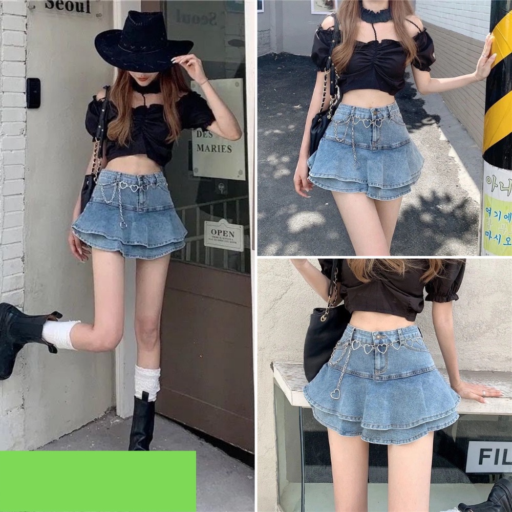 Chân váy nữ, chân váy jeans tà bèo không dây kèm theo màu xanh size S M L SKUCV-17A she.boutique90