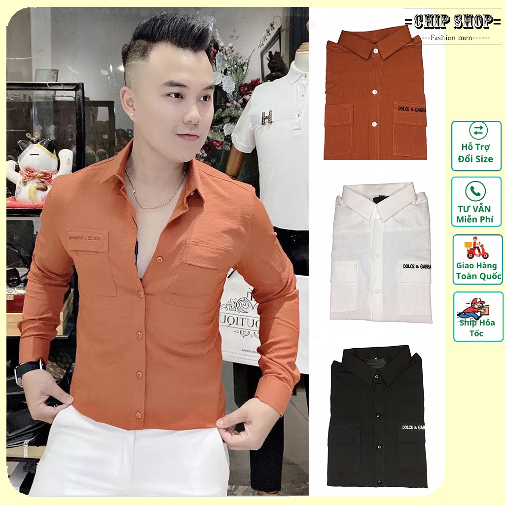 Áo nam có túi - áo sơ mi nam dài tay có 2 túi thêu D&G vải đũi xước co giãn , dày dặn