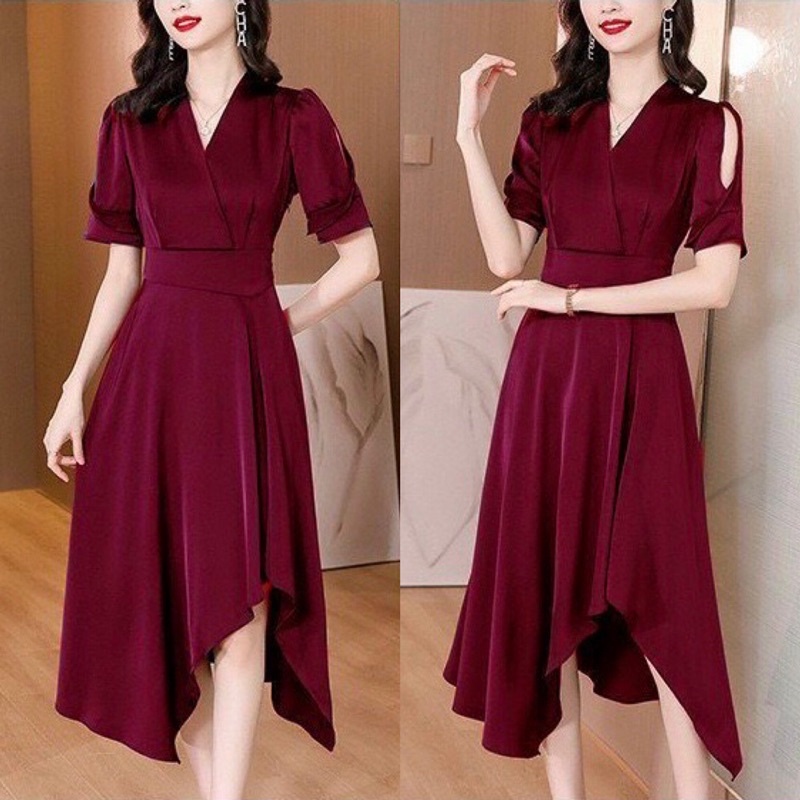 Đầm xoè vạt xéo cổ V tay cách điệu full.MLXL
