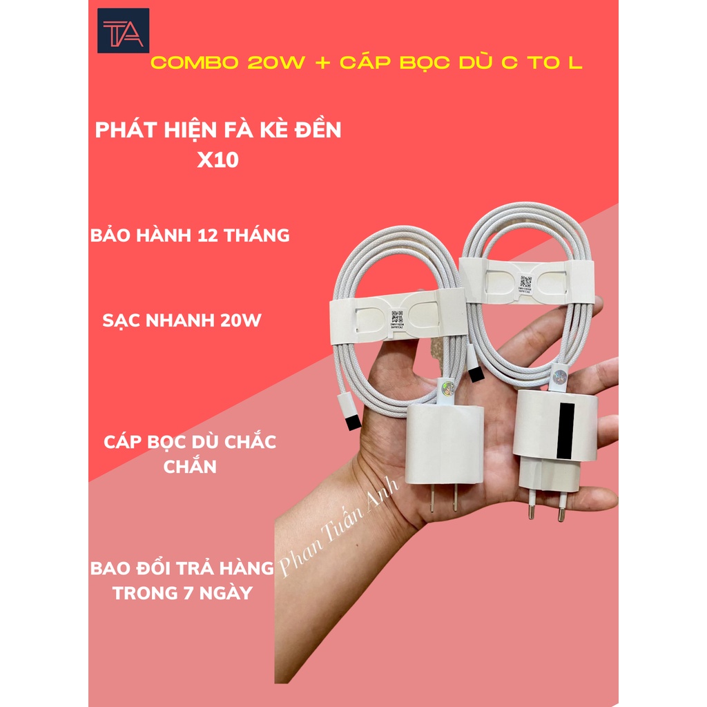 COMBO 20W + Cáp Dù C To L Zin Bóc Máy 2021 - Chính Hãng Sử Dụng Sạc Nhanh 8-14 (Bảo Hành 12T)