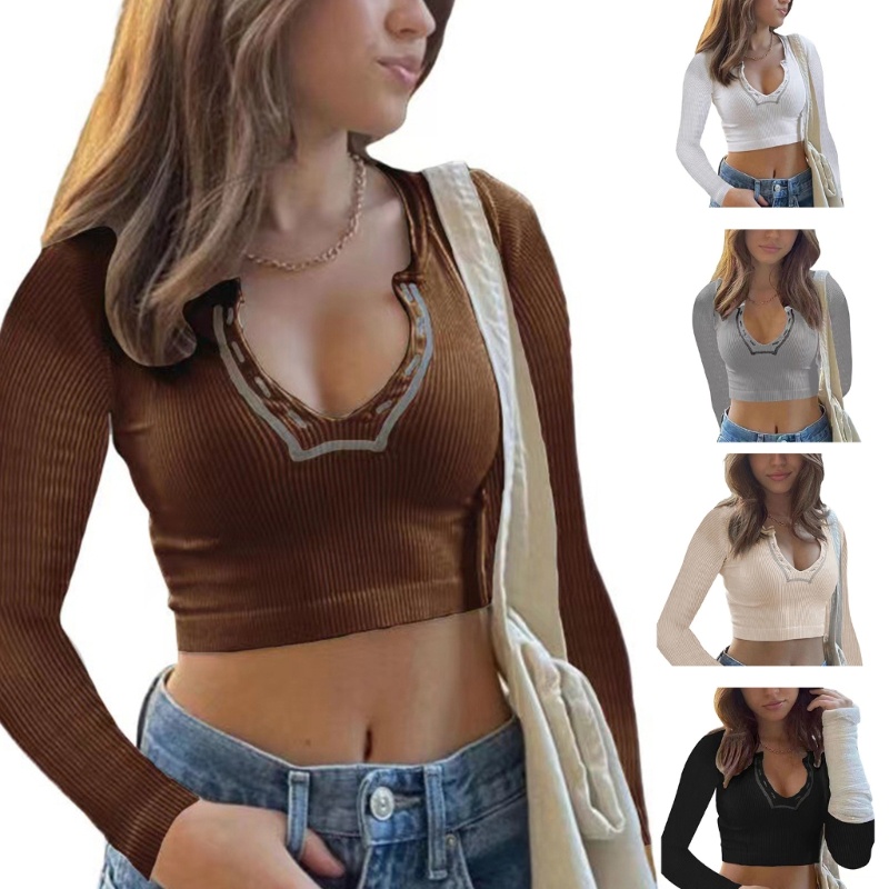Áo Croptop Dệt Kim Tay Dài Cổ Chữ V Màu Trơn Dáng Ôm Thời Trang Quyến Rũ Cho Nữ