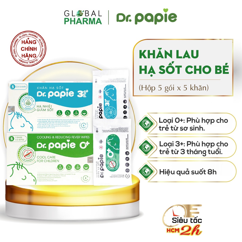 Khăn Lau Hạ Sốt Cho Bé, Ngăn Ngừa Co Giật Dr Papie (Hộp 25 khăn)