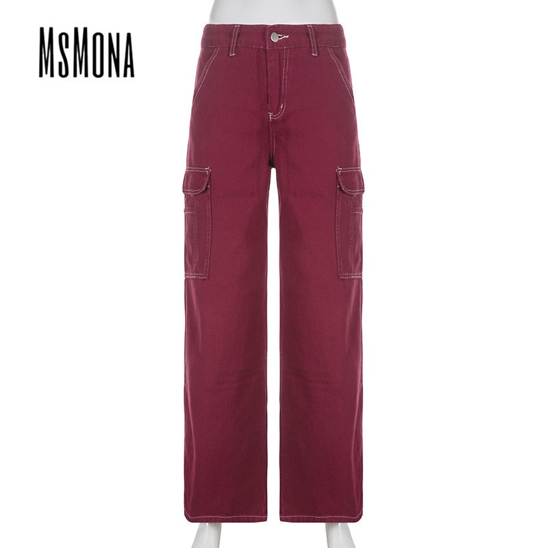 MsMona Quần Jean Ống Rộng Màu Đỏ Trơn Có Túi Thời Trang 2022 Cho Nữ