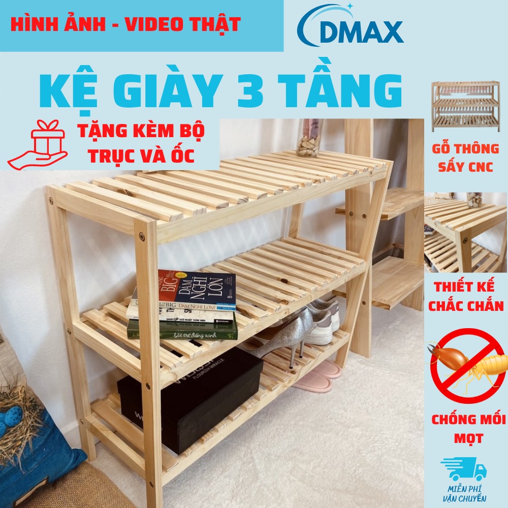 Kệ giày gỗ 3 tầng ngang 80 - Giá để giày dép đa năng gỗ tự nhiên decor Nội Thất Dmax