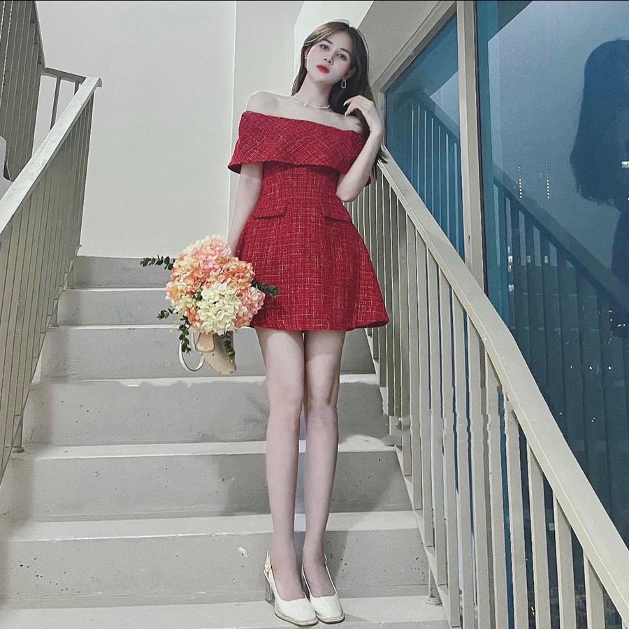 Đầm Thiết Kế Trễ Vai Chiết Eo Chất Vải Dạ Tweed V3034 - Lolla Fashion