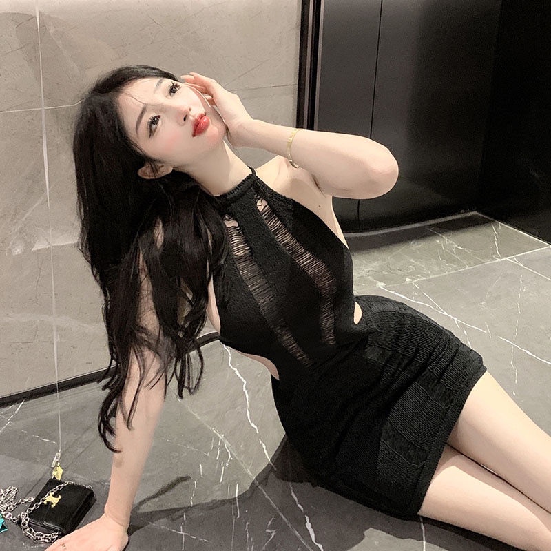 Đầm Dệt Kim Hai Dây Màu Đen Trơn Dáng Ngắn Thời Trang Mùa Hè Cho Nữ