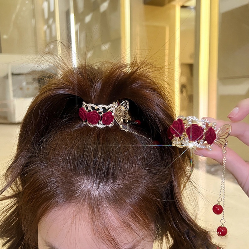 Flocked Kẹp Tóc Đuôi Ngựa Đính Đá Ngọc Trai Giả Cao Cấp