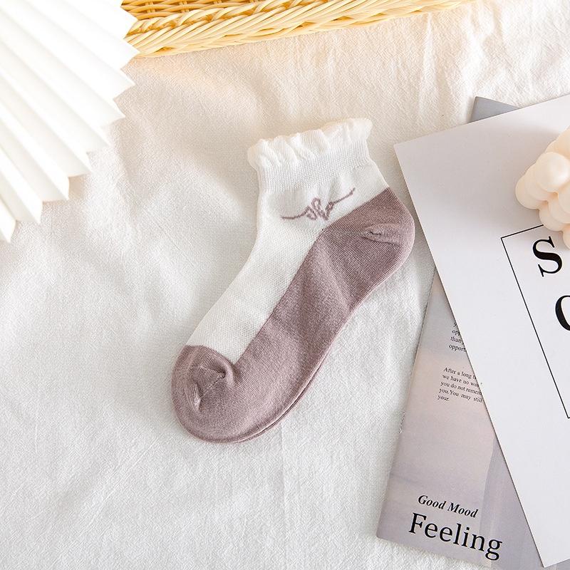 PVN54648 Set 5 tất vớ nữ bèo nhún, phong cách Vintage Hàn, cotton thoáng khí, không xơ