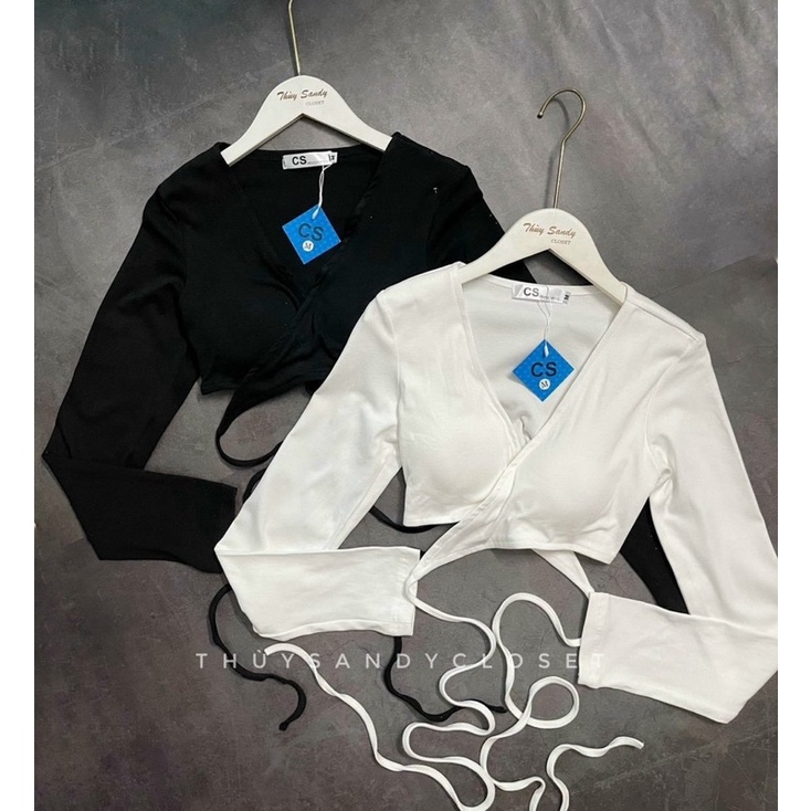 Áo thun Tay Dài Đan Eo Croptop Đắp Chéo Cúp Mút