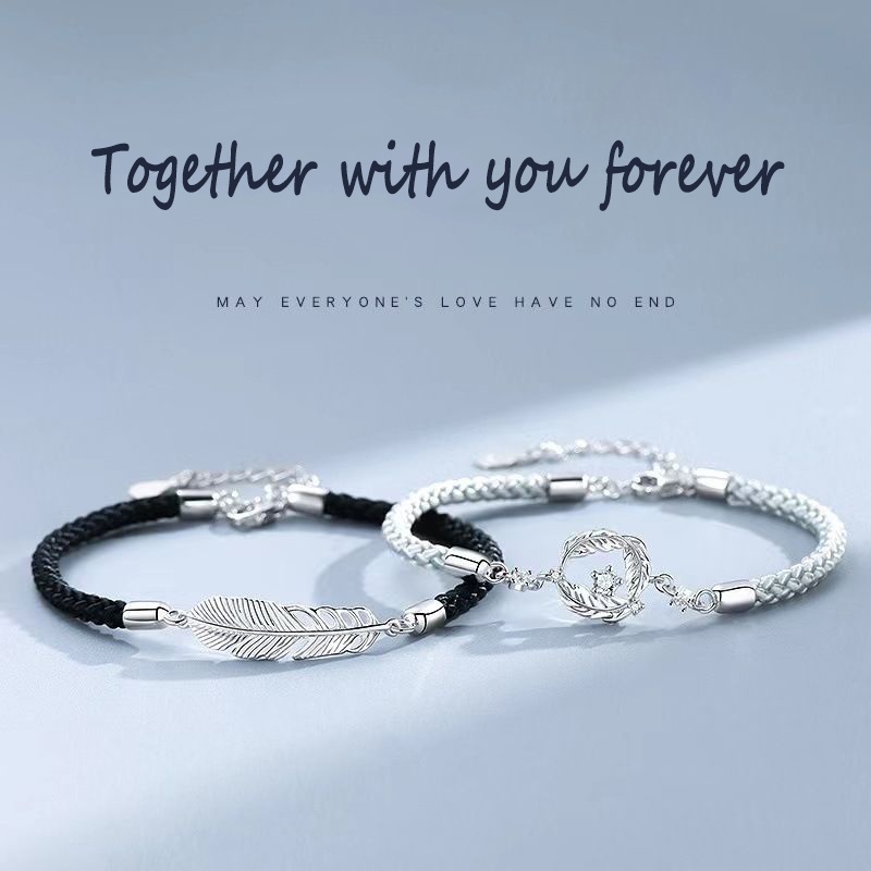 Vòng Tay Dây Bện Phối Mặt Hình Lông Vũ Mạ Bạc 925 Thời Trang Cho Cặp Đôi