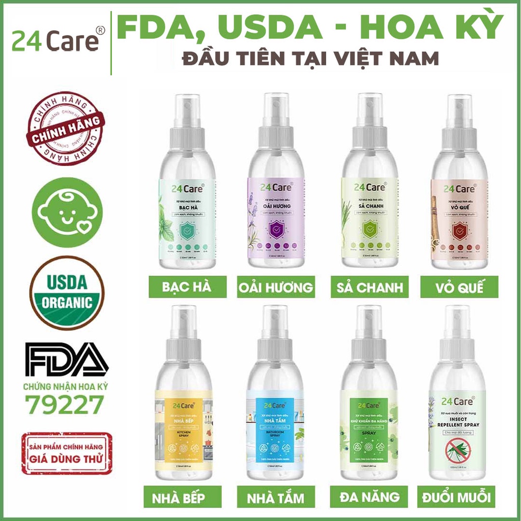 Xịt phòng hữu cơ 50ml 24Care tinh dầu Sả Chanh/ Bạc Hà/ Quế/ Lavender/ Bưởi/ Oải hương - khử mùi và đuổi muỗi