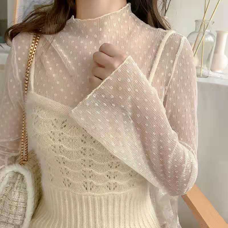 Áo Sơ Mi Tay Dài Loe Phối Ren Họa Tiết Chấm Bi Mỏng Xuyên Thấu Thời Trang Cho Nữ