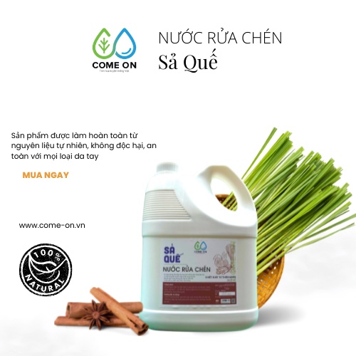 Nước rửa chén bát thảo dược Come on 3600ml, nước tẩy rửa chén, dùng cho em bé, hương sả quế tự nhiên, an toàn