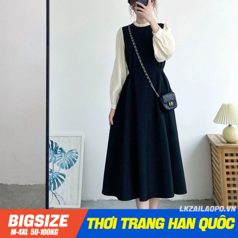 Váy đầm dài nữ Bigsize Đầm dáng suông cổ tròn che bụng mỡ ôm eo mùa thu Phong cách Hàn Quốc Thời Trang cá tính xinh đẹp cho người mập béo nữ