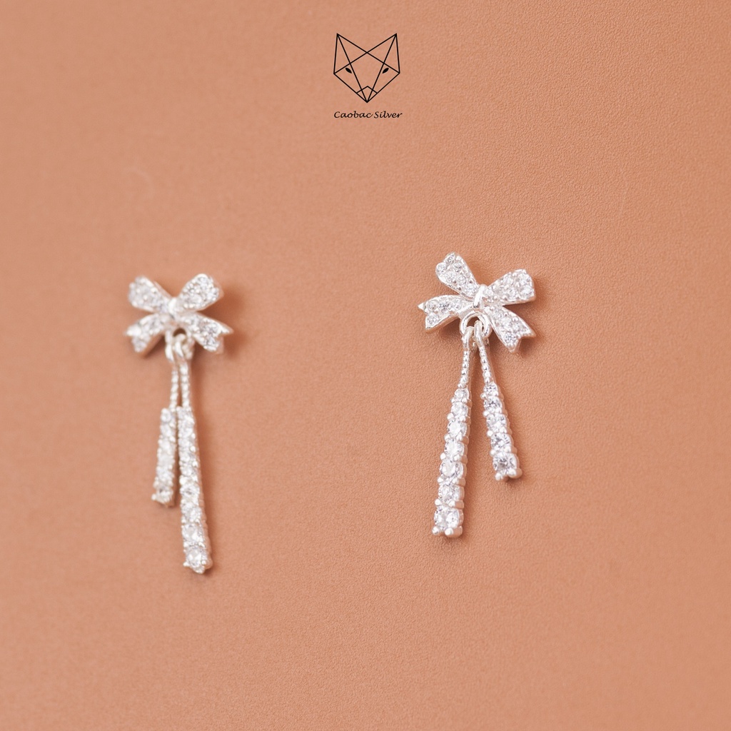 Khuyên Tai Bạc Ta Nữ CaoBac Silver Hình Nơ Sợi Đá Dài Đá Ngắn Đính Đá Lấp Lánh Xinh Xắn, Dễ Thương Món Quà Cho Bạn Nữ