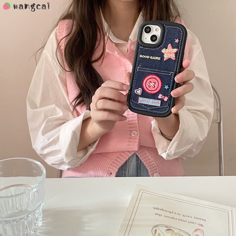 Ốp Điện Thoại Denim Thêu Hình Cô Gái / Ngôi Sao / Nơ Chống Sốc Cho iPhone 14 Plus 14 13 12 11 Pro Max