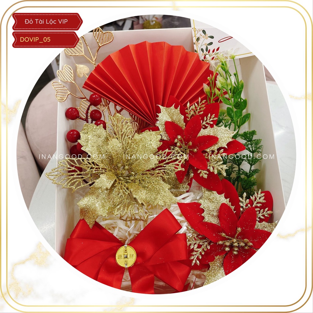 Trọn bộ phụ kiện trang trí Tết trang trí tháp bánh quà tặng lễ Tết màu đỏ tài lộc hàng VIP tuyển