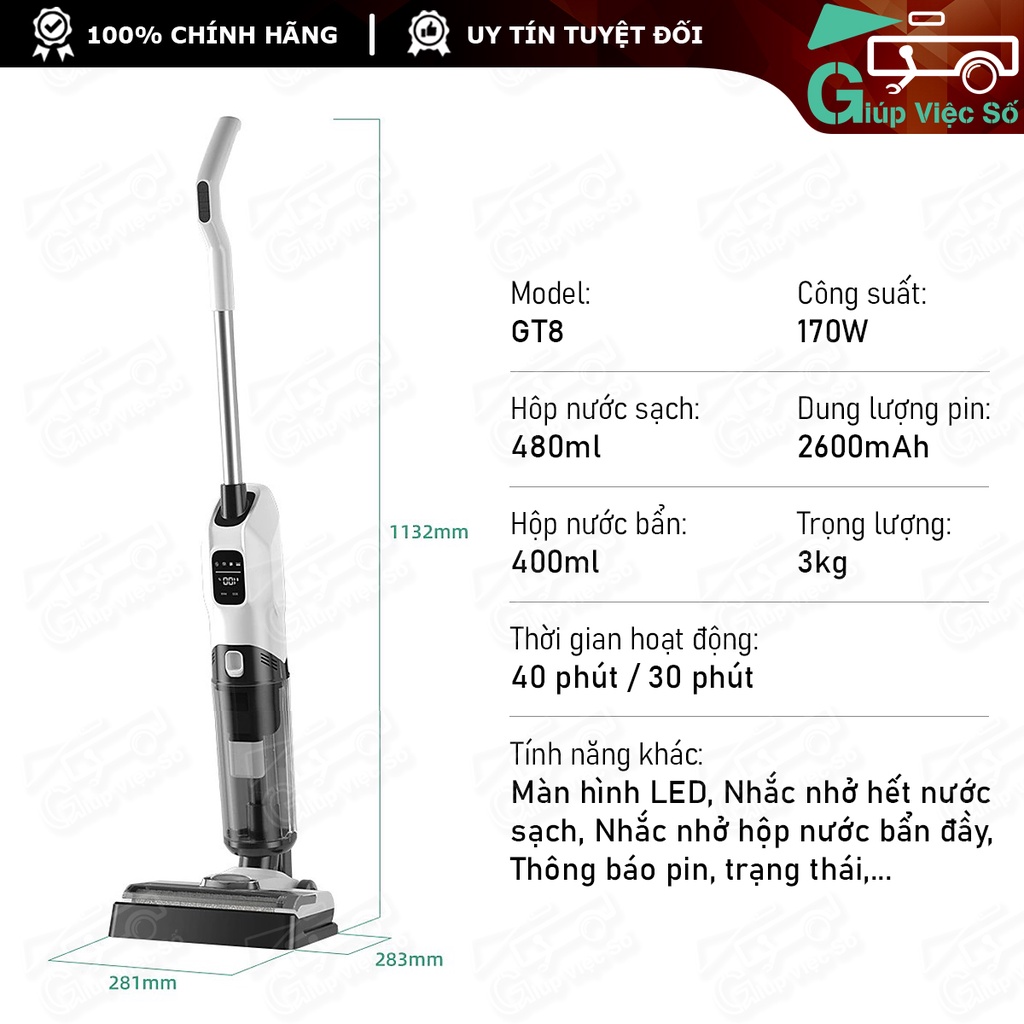 Máy Hút Bụi Lau Nhà Chà Sàn Không Dây TỰ GIẶT GIẺ 3in1 GT8 - Máy Hút Bụi Khô Ướt Cầm Tay