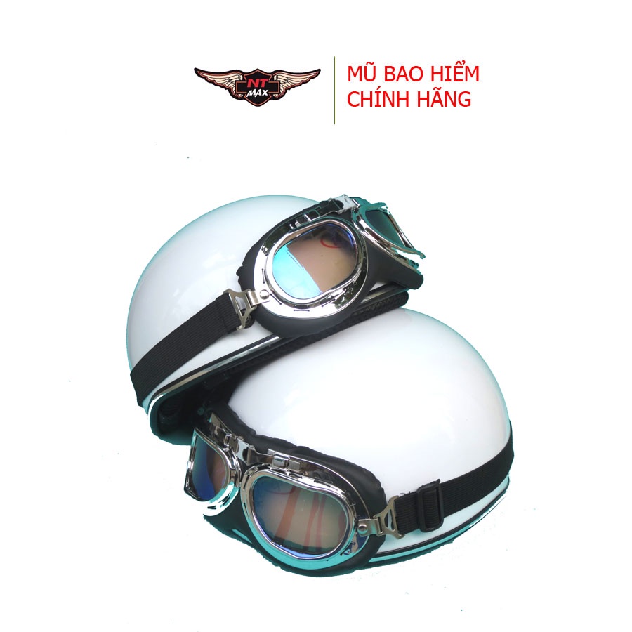 Mũ bảo hiểm nữa đầu nón bảo hiểm 1/2 NTMAX trắng bóng kèm kính phi công hoặc kính uv400 + tặng kèm lưỡi trai