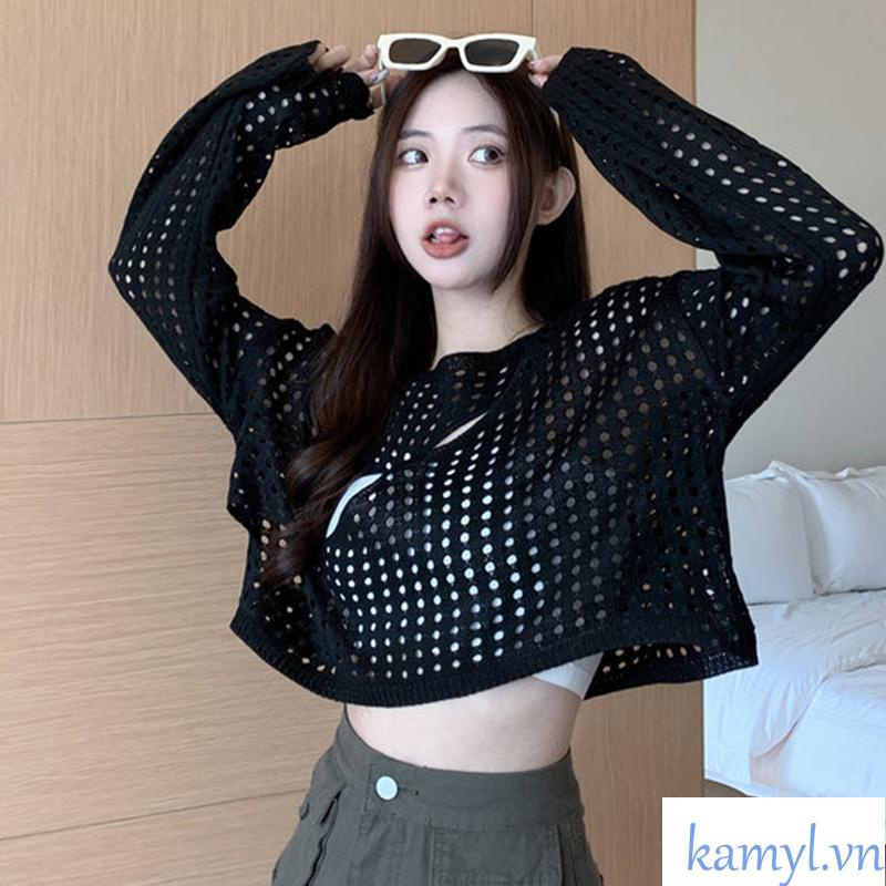 Kamyl🌸 Áo croptop dệt kim tay dài chống nắng thời trang phong cách Hàn Quốc cho nữ Áo croptop dệt kim tay dài  áo khoác ngoài sành điệu | BigBuy360 - bigbuy360.vn