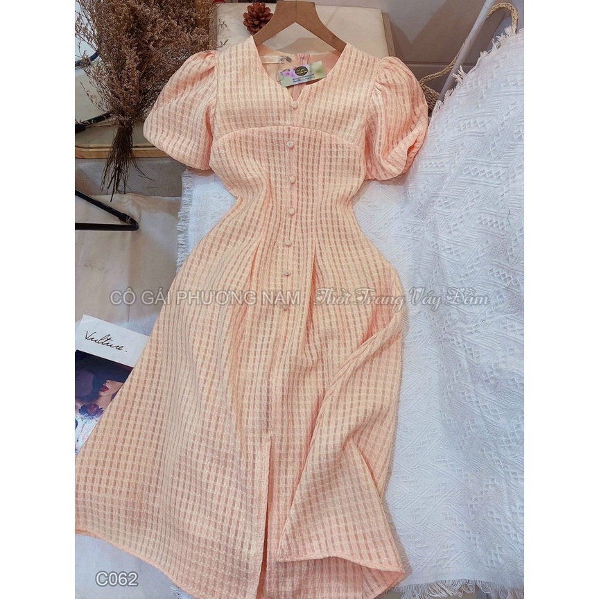 (Miễn Phí Ship) Đầm nút bọc tay phồng,đầm nữ cổ tròn dáng xòe chất xô cao cấp 2 lớp,diện đi đâu cũng xinh