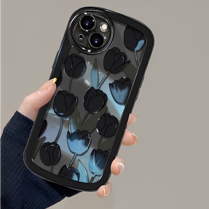 OPPO A78 A77S A57 2022 4G A16K A16E A16S A74 A95 A54 A52 A72 A92 A15 A15S A53 A33 2020 A16 A93 A95 A94 5G A9 A5 A7 A5S A12 A3S F11 Pro F9 Black Tulip Flowers Oval Airbag Shockproof Clear Soft Phone Case With Love Lanyard Back Cover DYJ 27