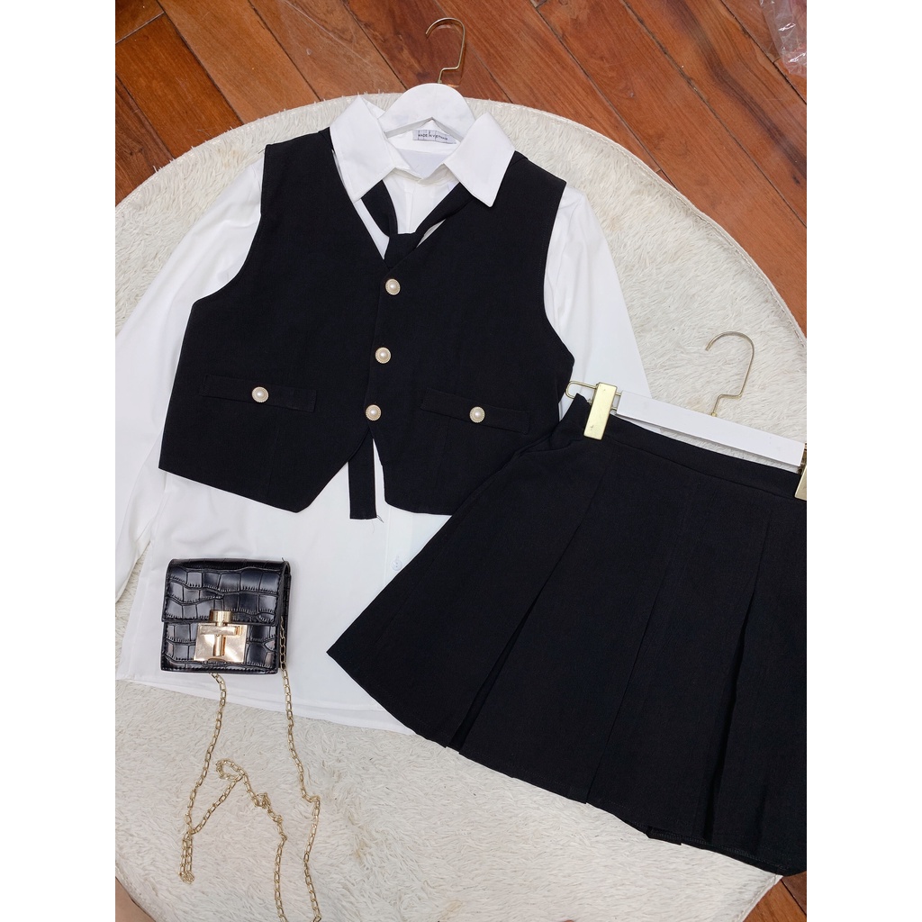 Set váy 4 món gồm sơ mi, chân váy áo gile và cà vạt siêu hot hit