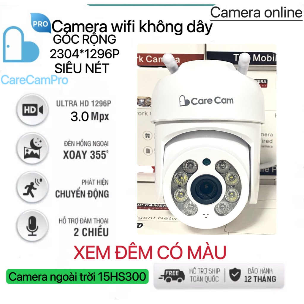 Camera IP WIFI PTZ Ngoài Trời Carecam 15HS300 xoay 360 độ FullHD -XEM ĐÊM CÓ MÀU - đàm thoại 2 chiều- bảo hành 12 tháng
