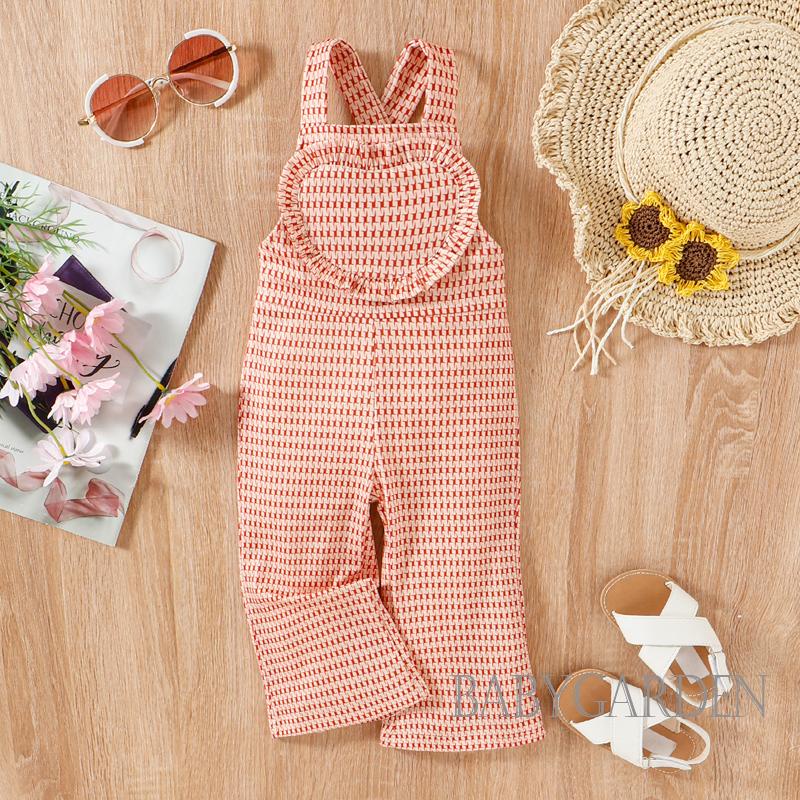 Áo Liền Quần Không Tay Nhún Bèo Họa Tiết Caro / Trái Tim Dành Cho Bé Gái 1-5 Tuổi