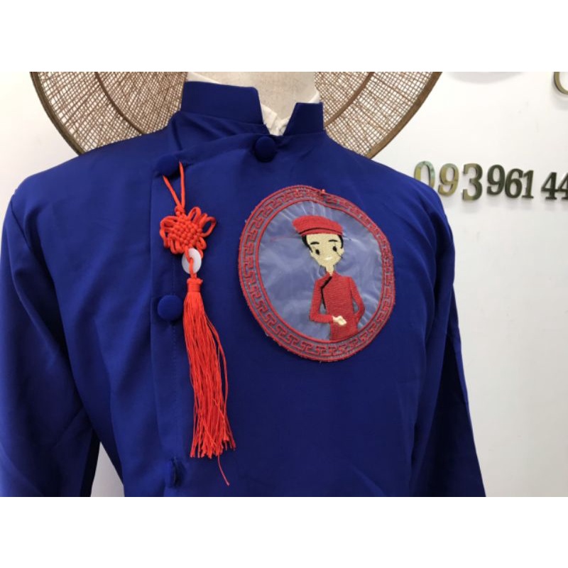 Áo dài cách tân nam tết Mèo thần tài kèm tua rua