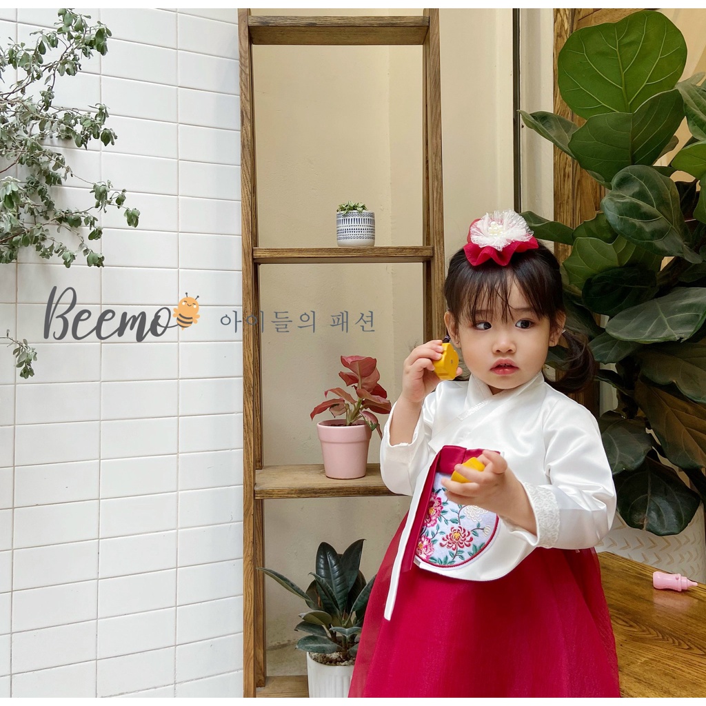 Váy Hanbok cho bé gái Beemo, chất liệu gấm Hàn phối chân váy tơ và kẹp tóc tiểu thư B041