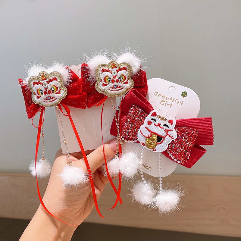 Mới Kẹp Tóc Đính Nơ Thêu Họa Tiết Phong Cách Trung Hoa Cho Bé Gái