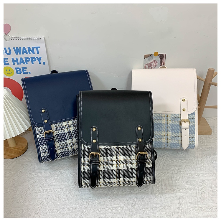 Balo Da Pu Đi Học Cho Nữ Màu Đen Trắng Xanh Phong Cách Vintage Hàn Quốc Cặp Sách Da Kẻ Hình Hộp Chữ Nhật Tiểu Thư Xinh