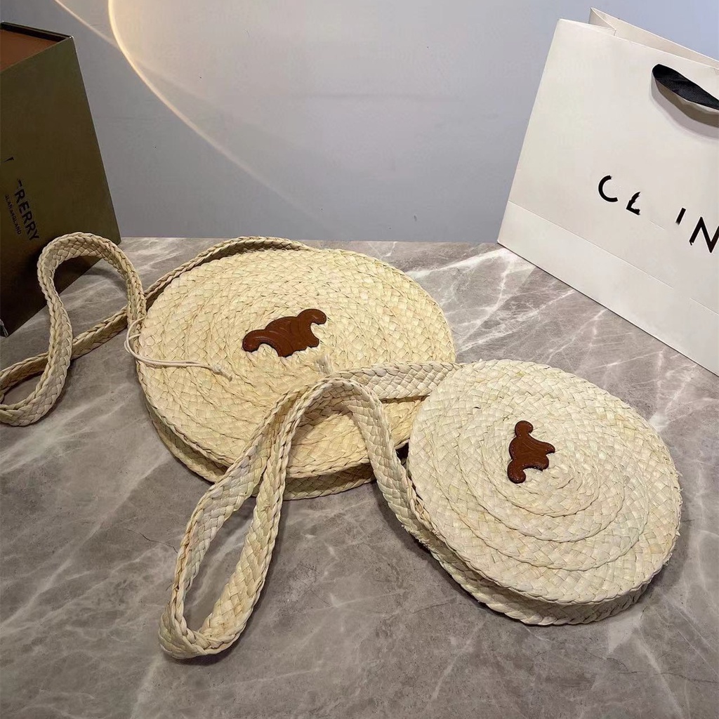 CELINE holiday style straw round cake bag 22SS New woven straw round cake logo small shoulder bag