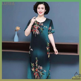 Va 'y Cung Ni' y Đầm Dáng Chữ A Dài Qua Gối Vải Lụa Lạnh Cỡ Lớn Thời Trang Mùa Hè cho Phụ Nữ trung Niên