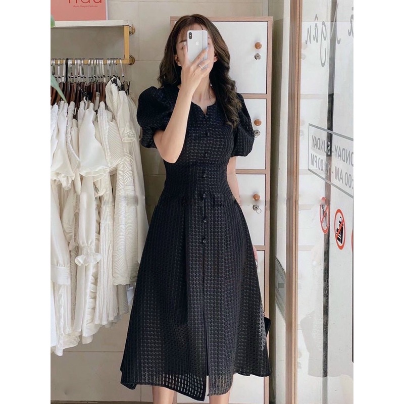 Đầm nhún xốp cổ tròn chất vải ô vuông 2 lớp Tara