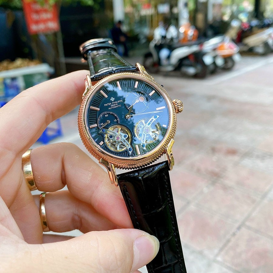 Đồng hồ Nam Patek 2 tim máy nhật, mặt đen viền vàng, dòng cơ Automatic size 42mm