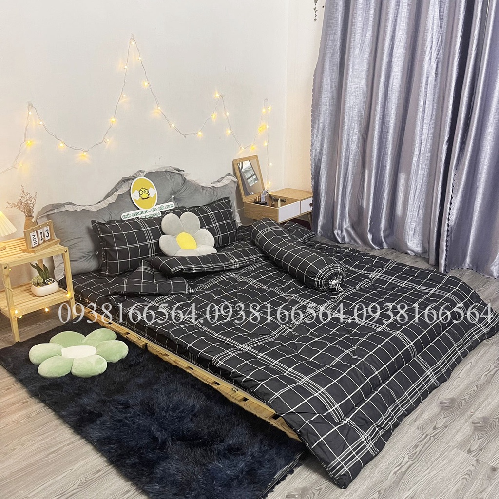 TRỌN BỘ COTTON POLY 5 MÓN CHĂN PHAO DÀY DẶN HÀNG VN HỌA TIẾT KẺ ĐEN ĐÔI