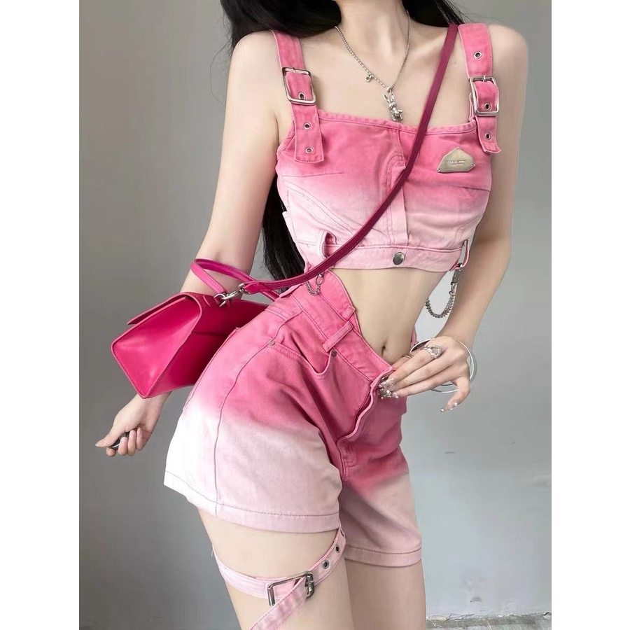 Bộ Áo Sát Nách Phối Quần Short Denim Lưng Cao Dáng Ôm Màu Gradient Thời Trang Mùa Hè Cho Nữ