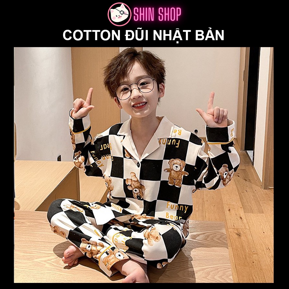 (9-47kg) ✅ Pizama Cotton Đũi Nhật Bản gấu đen trắng CD07 tay dài trẻ em đồ ngủ| đồ đi chơi cho bé trai gái
