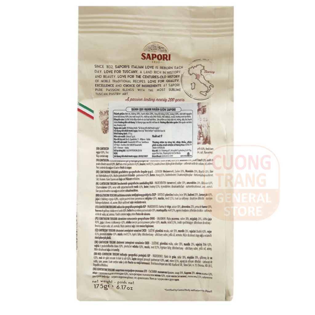 Bánh quy hạnh nhân giòn truyền thống Ý Sapori almond biscotti toscani 175g