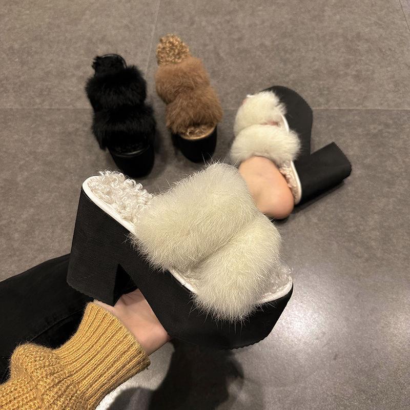 Dép Bông Đi Trong Nhà Bằng Cotton Phối Lông Thỏ Nhân Tạo Hai Quai Ngang Phong Cách Hàn Quốc Dành Cho Nữ