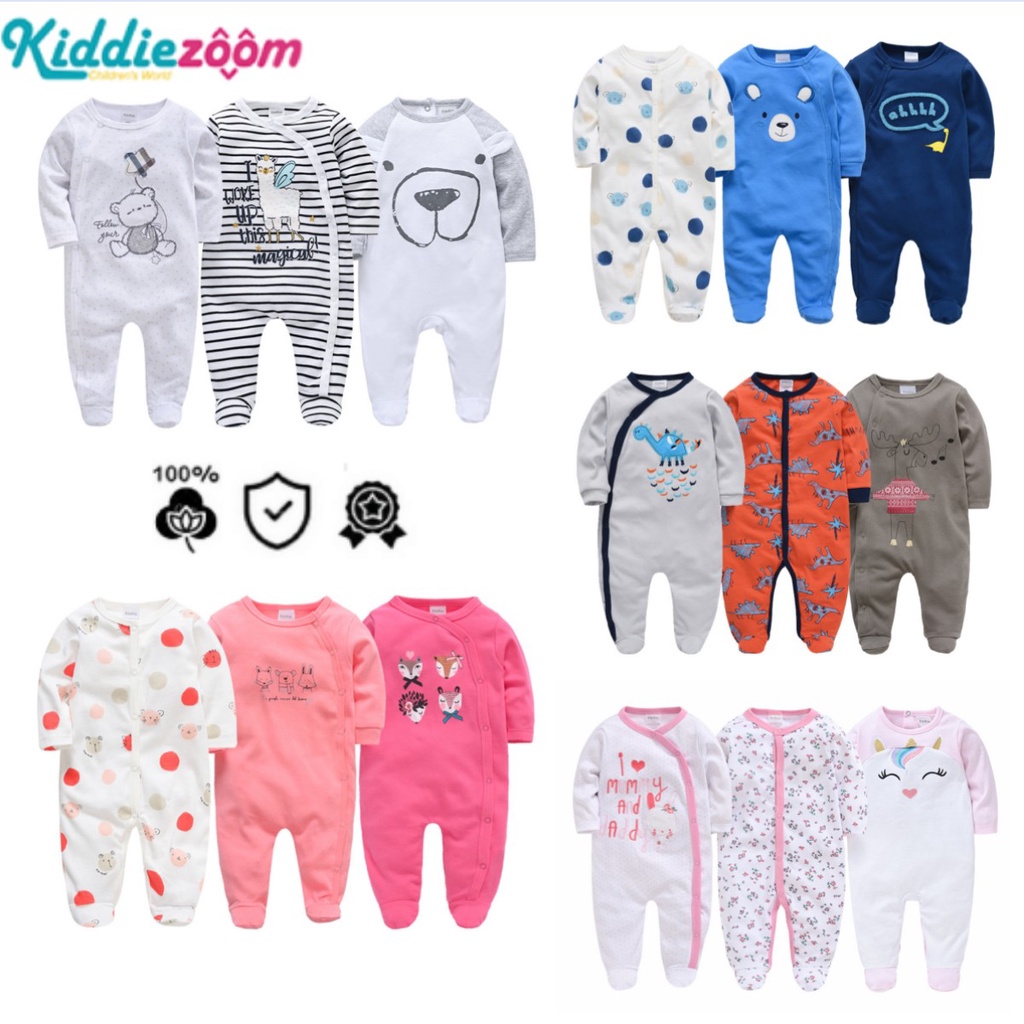 Set 3 Bộ Áo Liền Quần Bằng cotton Tay Dài Có Khóa Kéo Dành Cho Bé Trai Gái