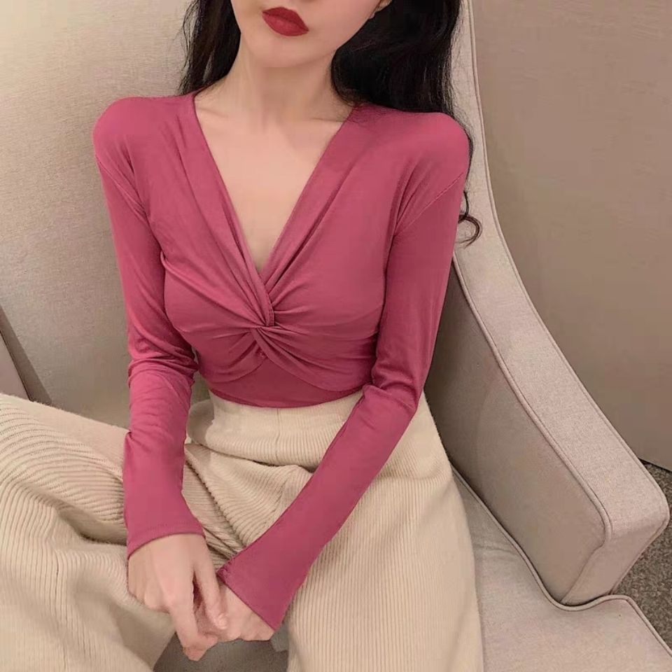 Áo Thun Tay Dài Thiết Kế Dây Đan Chéo Ngực Quyến Rũ