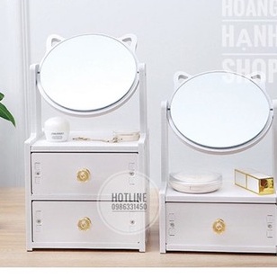 Kệ Đựng Mĩ Phẩm 2 Tầng có Gương -Tủ Đựng Đồ Trang Điểm Mini Ngăn Kéo Tiện Dụng