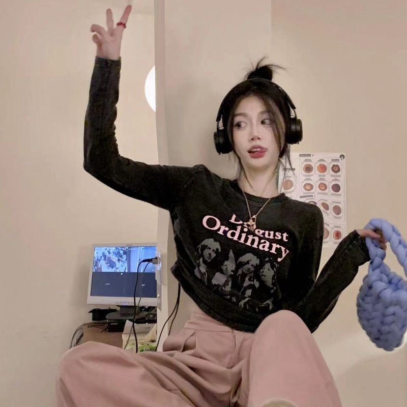 NRVP Áo thun nữ dài tay dáng lửng phong cách Hàn Quốc