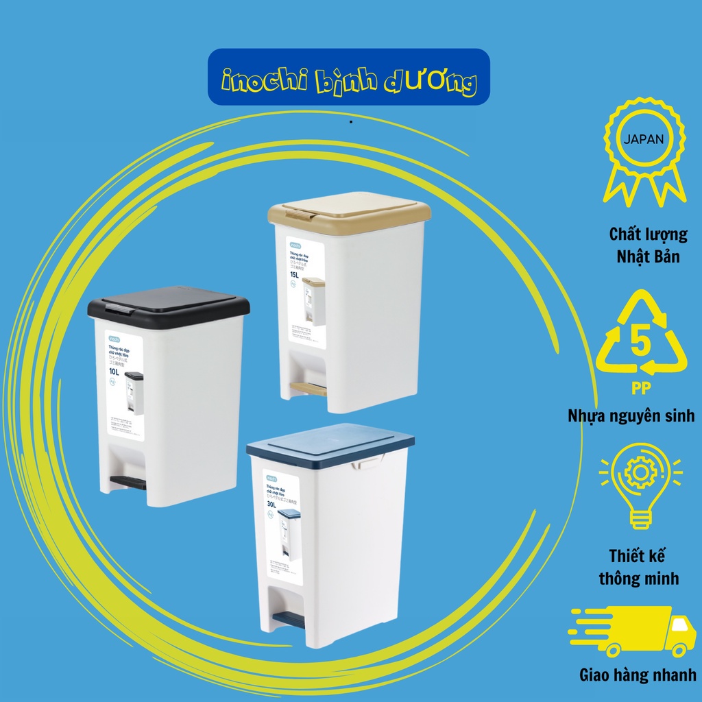 Thùng sọt đựng rác nhựa Inochi Hiro để bàn có nắp, hình chữ nhật, đạp chân, cho văn phòng, nhà bếp, phòng ngủ inochihcm