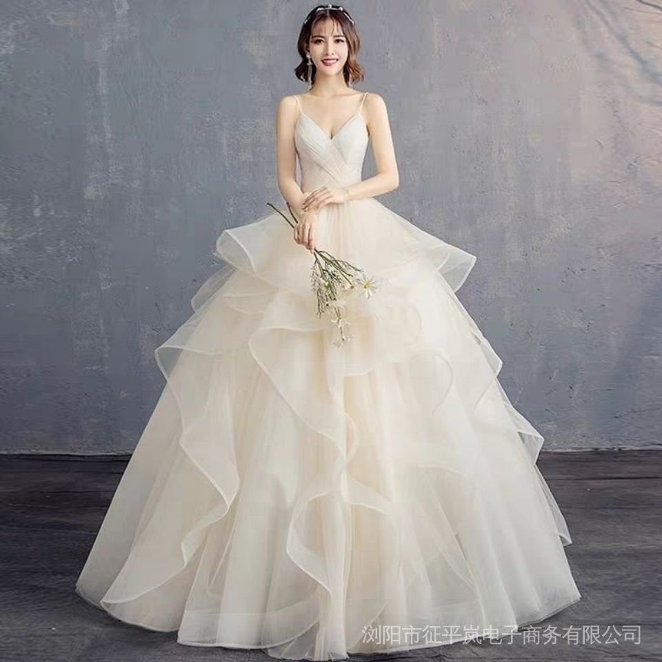 ⭐Hàng Có Sẵn⭐Đầm Cưới Hai Dây Cổ Chữ V Dáng Ôm Dài Phong Cách Mới Năm 2021