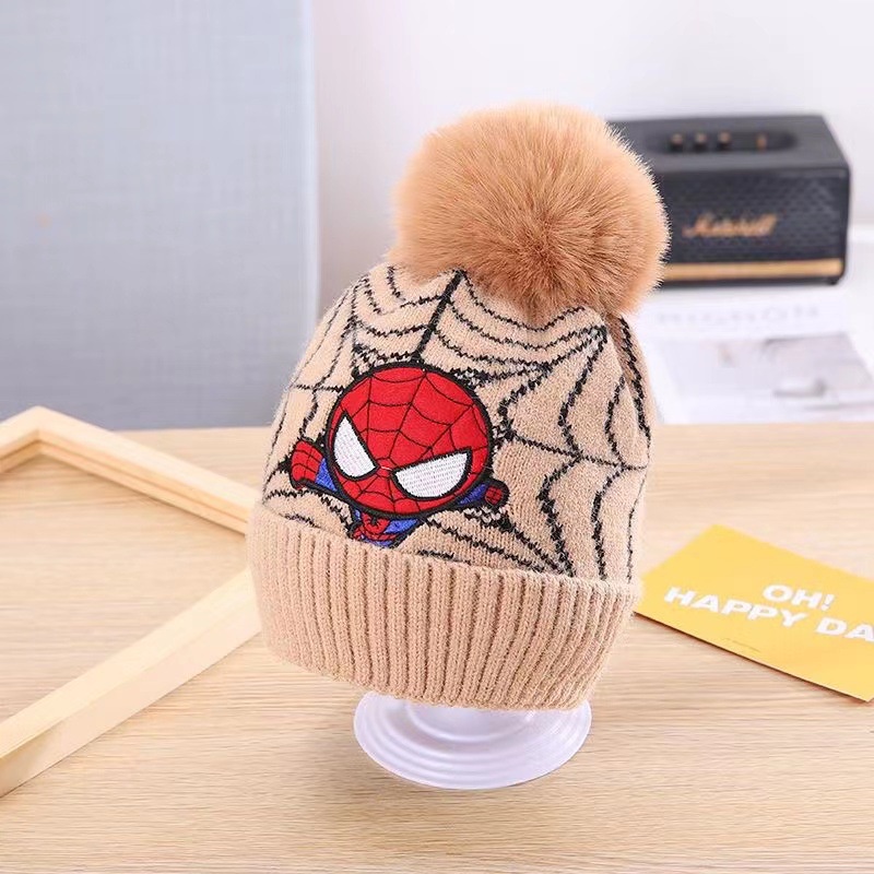 Mũ Len Beanie Đính Bóng Lông Thêu Hình Người Nhện Disney Thời Trang Thu Đông Cho Bé Trai Và Gái