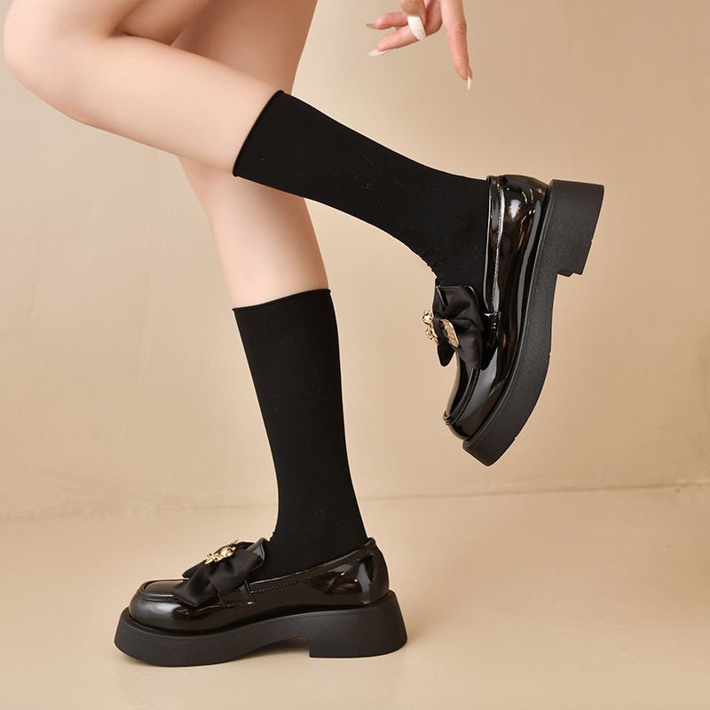 Giày Lười Da Đế Dày Đính Nơ Phong Cách Nhật Bản Thời Trang Thu Đông